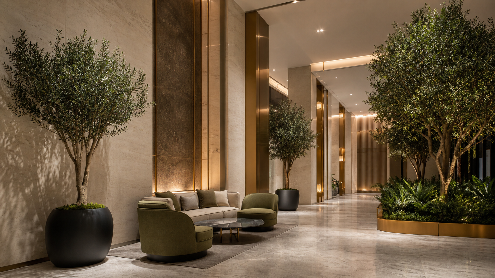 Premium faux greenery in a luxury lobby